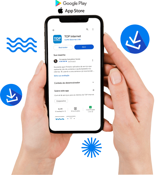 Imagem de mão segurando um celular com a tela do aplicativo Top Internet na Play Store com elementos decorativos de design azuis ao redor.