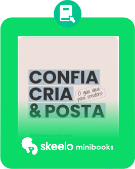 Imagem promocional do Skeelo Minibooks com os termos "Confia, Cria & Posta"